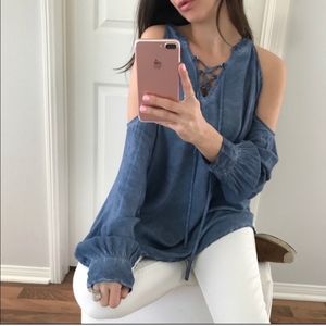 Denium color inspired cold shoulder top.